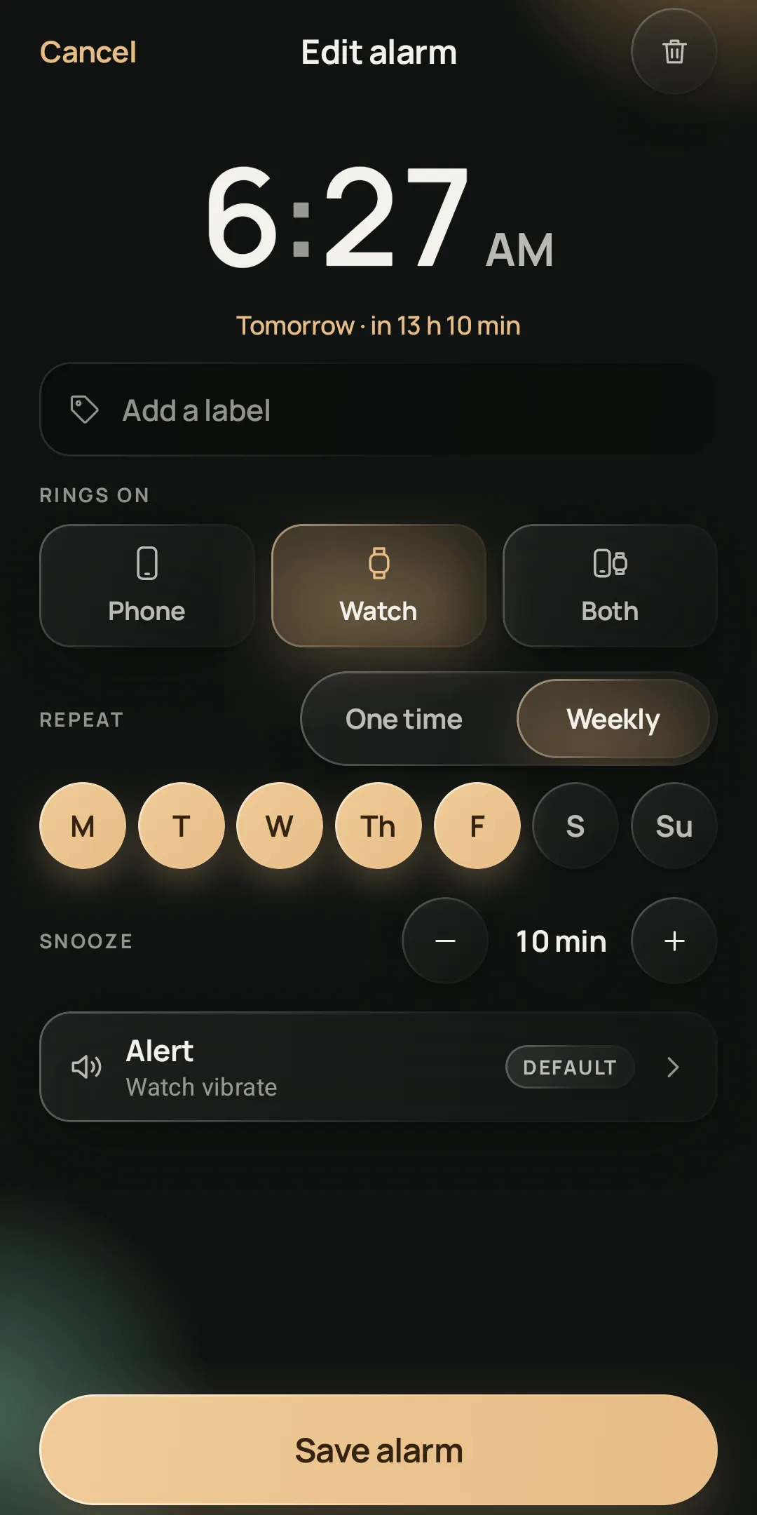 Editing an alarm on the phone and choosing whether it rings on the phone, the watch or both.
