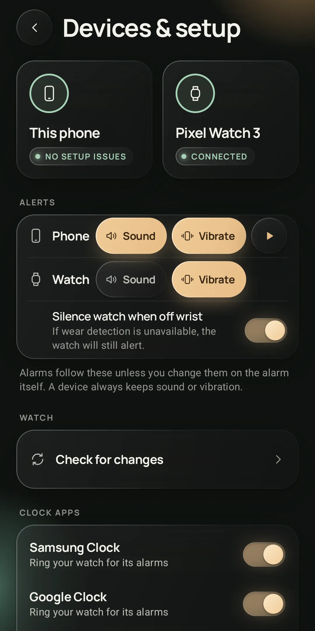The Devices and setup screen, showing the phone and a connected Pixel Watch 3 with sound and vibration settings.