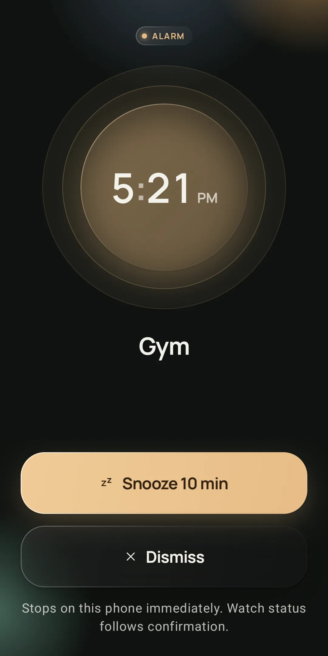 A ringing alarm on the phone with Snooze 10 min and Dismiss buttons.